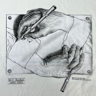 画像1: 「GILDAN(ギルダン)」MC ESCHER エッシャー 騙し絵 Drawing Hands 描く手 プリント Tシャツ